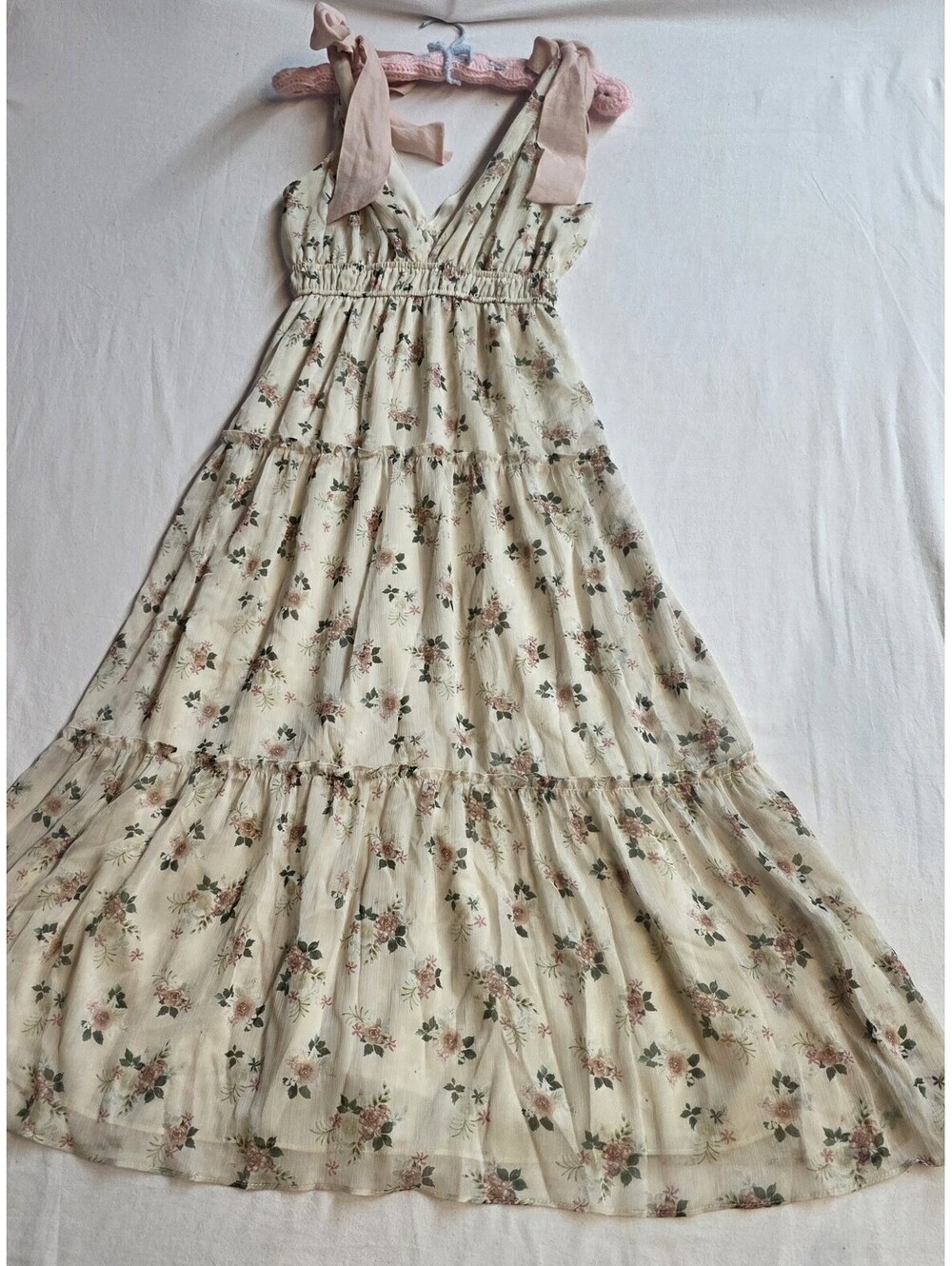 STORIA Floral Tiered Maxi Dress L Coquette Romantic Cottagecore Tie Sholders